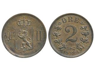 Coins, Norway. Oskar II, NM 104, 2 øre 1884. Lustrous brown example. 01.