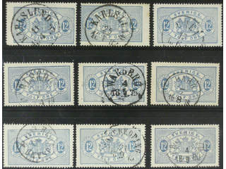 Sweden. Official Facit Tj5 used , 12 öre blue, perf 14, nine used copies. Shades, …