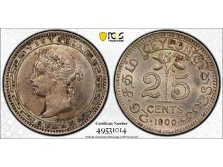 Ceylon Queen Victoria (1837-1901) 25 cents 1900, AU/UNC, PCGS MS62