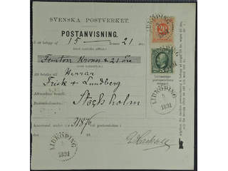 Sweden. Facit 46, 52 cover , 5+20 öre, mixed franking, on beautiful money order sent …