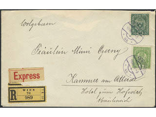 Austria. Michel 185–86, 189, 195 cover , 3+5+12+50 h on registered express cover sent …