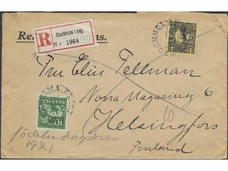 Sweden. Facit 77, 144A cover , 10 öre + 1 kr on registered cover sent from STOCKHOLM …
