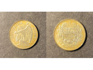 Chile 20 centavos 1907, AU lustrous