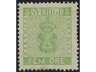 Sweden. Facit 7f1 ★, 5 öre light yellow-green, perforation of 1865. Very fine and …