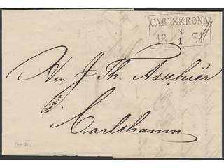 Sweden. K county. CARLSKRONA 3.1.1851, rectangular postmark. Type 6 on beautiful letter …