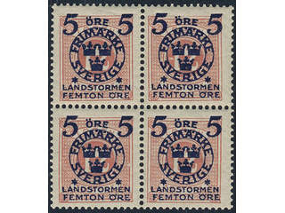 Sweden. Facit 119 ★★, 1916 Landstorm II 5+FEMTON / 12 öre red. Very fresh block of four. …