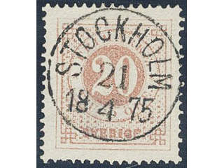 Sweden. Facit 22e used, 20 öre brownish red. EXCELLENT cancellation STOCKHOLM 21.4.1875.