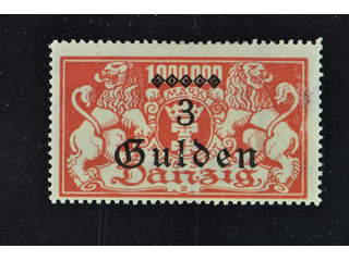 Germany, Danzig. Michel 191 III ★, 1923 New value overprint 3 G/1 Mio M lilac-red with R …