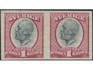 Sweden. Facit 60v1 (★), 1900 Oscar II 1 Kr carmine/grey imperf variety in pair. SEK 5000