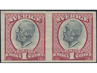 Sweden. Facit 60v1 (★), 1900 Oscar II 1 Kr carmine/grey imperf variety in pair. SEK 5000
