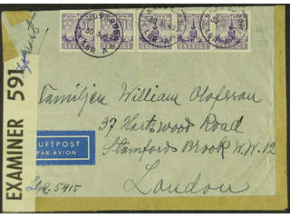 Sweden. Facit 330A cover , 5x10 öre on censored air mail cover sent from LANDSKRONA LBR …