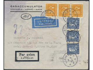 Sweden. Air mail cover Facit 168, 185 , 3×30 öre + 3×1 kr on air mail cover sent from …
