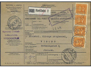 Sweden. Facit 168 cover , 4x1 kr on address card for parcel sent from STOCKHOLM 3 …