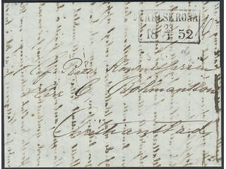 Sweden. K county. CARLSKRONA 23.1.1852, rectangular postmark. Type 6 on beautiful letter …