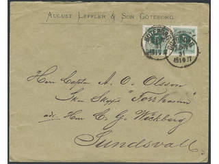 Sweden. Facit 43 cover , 2x5 öre on cover sent from GÖTEBORG LBR 31.10.1887 to Sundsvall.