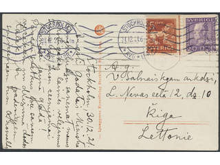 Sweden. Facit 141A, 179A cover , 5+20 öre on postcard sent from STOCKHOLM 31.12.21 to …