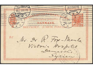 Denmark. Postal stationeryPostcard 10 øre sent from AARHUS 20.2.09 to Syria, with …