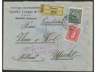 Austria. Michel 190, 195 cover , 15+50 h on censored registered cover sent from …