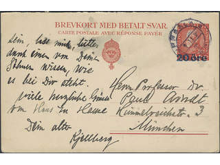 Sweden. Postal stationery, double postcard Facit bKd24 , Reply card 20/25 öre with …