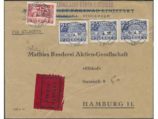 Sweden. Facit 243, 242A cover , 15+3x25 öre on special delivery cover sent from …