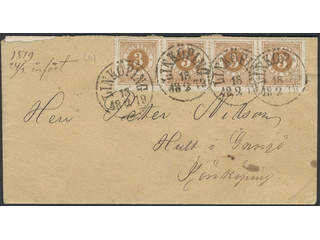 Sweden. Facit 28d cover , 4x3 öre yellow-brown in strip of four on beautiful cover sent …
