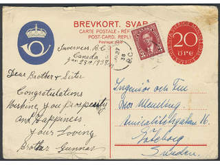 Sweden. Postal stationery, double postcard Facit bKd27 , Reply part 20 öre additionally …