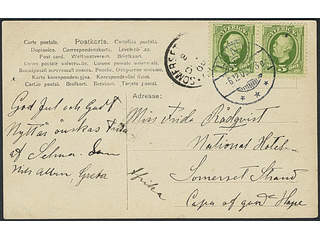 Sweden. Facit 52 cover , 2x5 öre on postcard sent from LUND 6.12.05 to Cape of Good …