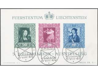 Liechtenstein. Michel 278–80 used, 1949 Vaduz Stamp Exhibition souvenir sheet 5. EUR 170