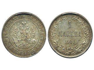 Coins, Finland. Nicholas II, KM 3.2, 1 markka 1907. Graded by PCGS as MS61. Bitkin 399. …