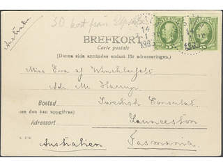 Sweden. Facit 52e on cover, 1897 Oscar II 5 öre yellow-green in pair on postcard to …