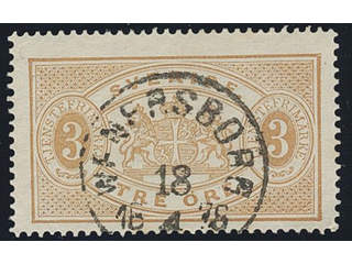 Sweden. Official Facit Tj1d used , 3 öre yellowish brown, perf 14. Superb cancellation …