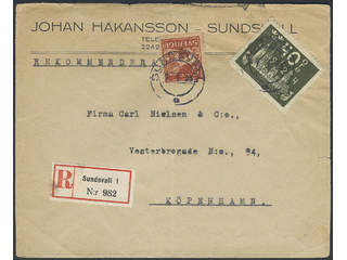 Sweden. Facit 203, 142A cover, 5+40 öre on registered cover sent from SUNDSVALL 7.1.25 …