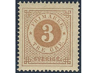 Sweden. Facit 17b ★, 3 öre yellow-brown on smooth paper. Very fine and fresh.