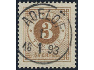 Sweden. Facit 41b used, 3 öre orange-brown. Superb cancellation ADELÖF 1.1.1893.