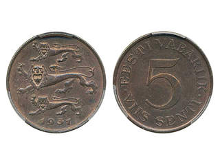 Coins, Estonia. KM 11, 5 senti 1931. Graded by PCGS as MS63 BN. XF-UNC.