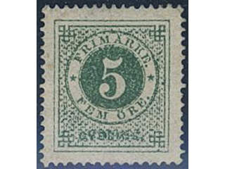 Sweden. Facit 19f ★, 5 öre dark green, grainy print. Weakly bent corner perf. Gum …