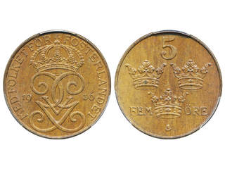 Coins, Sweden. Gustav V, MIS I.27b, 5 öre 1936. Long 6. Graded by PCGS as MS64 BN. 01/0.