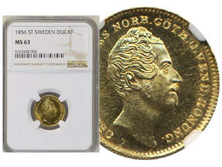 Coins, Sweden. Oskar I, MIS 14, 1 dukat 1856. Sole finest graded (TOP POP) by NGC as …