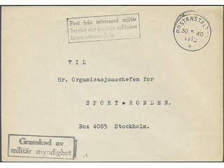 Sweden. MilitaryCover cancelled POSTANSTALTEN 1112 ★ 30.5.40, POST FRÅN INTERNERAD …