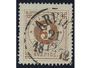 Sweden. Facit 17b used , 3 öre yellow-brown on smooth paper. Superb cancellation ARVIKA …