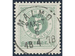Sweden. Facit 30a used , 5 öre grey-green. EXCELLENT cancellation MALMÖ PAKET 6.4.1878.