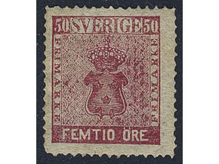 Sweden. Facit 12 (★) , 50 öre red. Without gum. Short corner perf. SEK 5000
