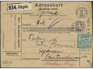 Sweden. Facit 84 cover , 30 öre on address card for parcel sent from ALINGSÅS 26.12.1913 …