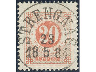 Sweden. Facit 33e used, 20 öre orange-red. EXCELLENT cancellation STRENGNÄS 23.5.1884.