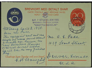 Sweden. Postal stationery, double postcard Facit bKd27 , Reply-paid postcard 20+20 öre …