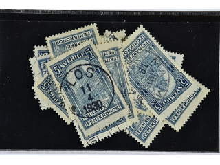 Sweden. Facit 65 used , 1903 General Post Office 5 Kr blue. Group lot of 19 examples. …