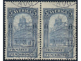 Sweden. Facit 65vm1 used, 1903 General Post Office 5 Kr blue, inverted wmk in pair. …