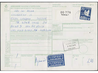 Sweden. Facit 337B cover , 1953 Flying Swans 20 Kr blue, perf at three sides on address …