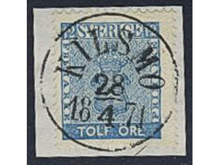 Sweden. Facit 9 used , EXCELLENT cancellation KILSMO 28.4.1871 on cut piece.