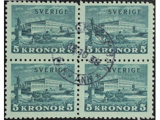 Sweden. Facit 233a used , 1931 The Royal Palace 5 Kr green, toned paper, block of four. …